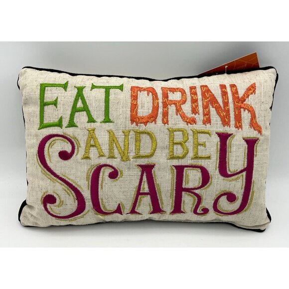 Eat Drink And Be Scary Halloween Decorative Linen Blend Embroidered Pillow NWT - Picture 1 of 4